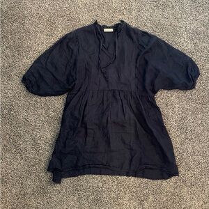 Stark Navy Blue Linen Minimalist Mini Cottagecore Peasant Boho Dress
